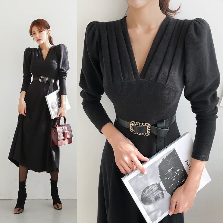 Black | タックVネックロングワンピース パフスリーブ ハイウエスト | PREMIUM K