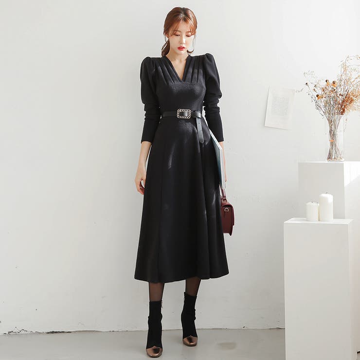 タックVネックロングワンピース パフスリーブ ハイウエスト | PREMIUM K | 詳細画像9 