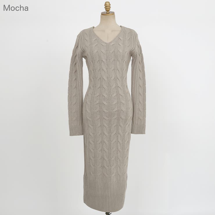 Mocha | プレッツェルニットロングワンピース Vネック ミディ丈 | PREMIUM K
