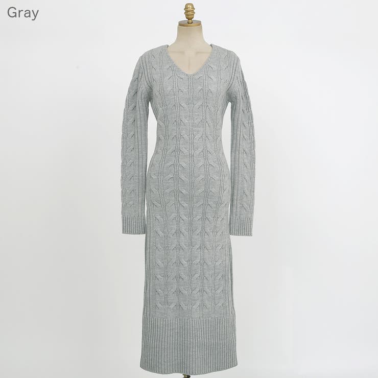 Gray | プレッツェルニットロングワンピース Vネック ミディ丈 | PREMIUM K