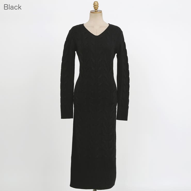 Black | プレッツェルニットロングワンピース Vネック ミディ丈 | PREMIUM K