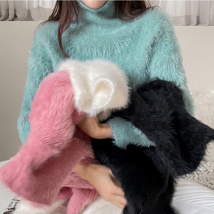 アンゴラテイストハイネックニット パステルカラー もこもこ