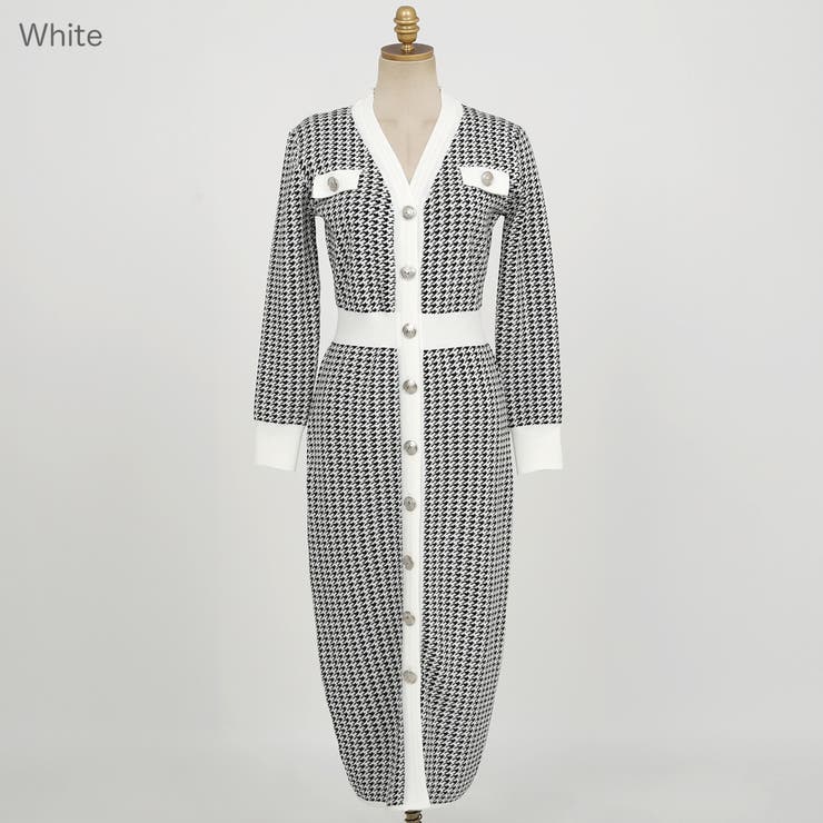 White | ハウンドトゥースチェックニットワンピース セットアップ風 ロングワンピース | PREMIUM K