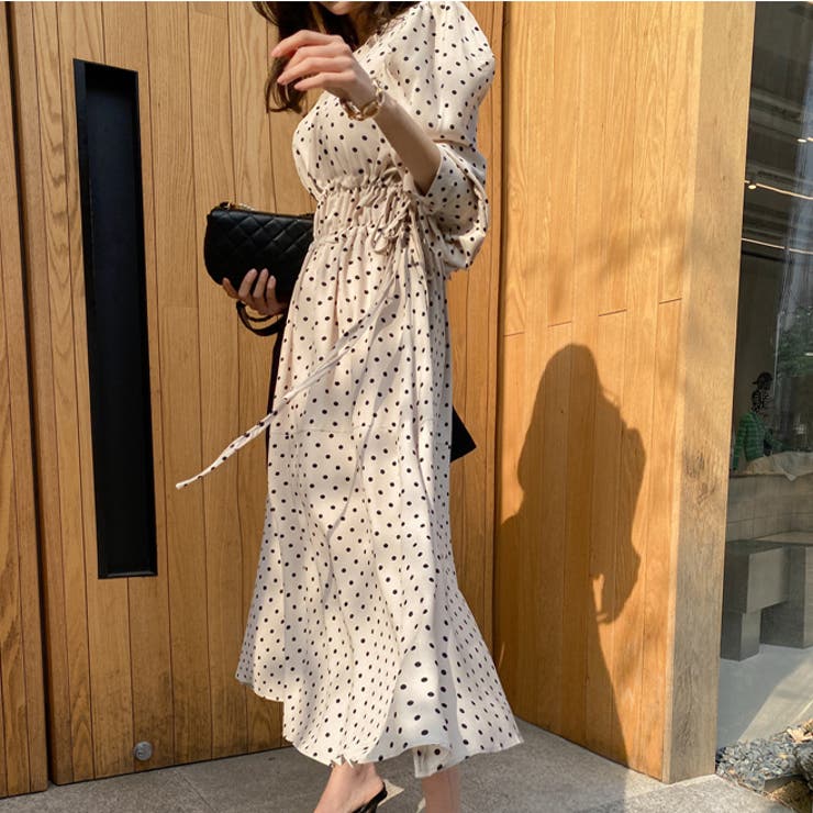 パフスリーブドットロングワンピース 2WAY ハイウエスト[品番