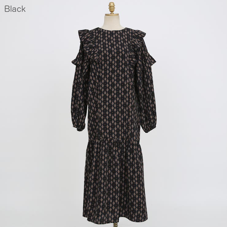 Black | ラッフルガーリッシュロングワンピース パフスリーブ ティアード | PREMIUM K