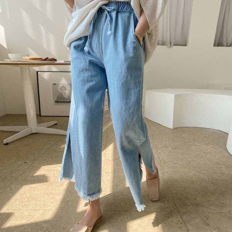 LightBlue | サイドスリットワイドデニムパンツ ゴムウエスト ゆれ感 | PREMIUM K