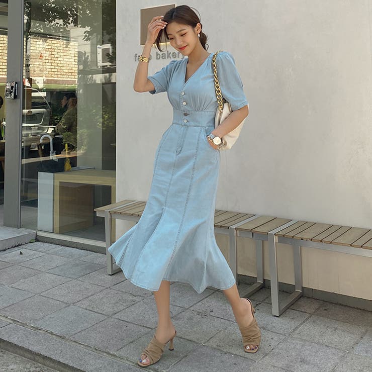 フェミニンデニムワンピース Vネック パフスリーブ 品番 Ad Premium K プレミアムケー のレディースファッション通販 Shoplist ショップリスト