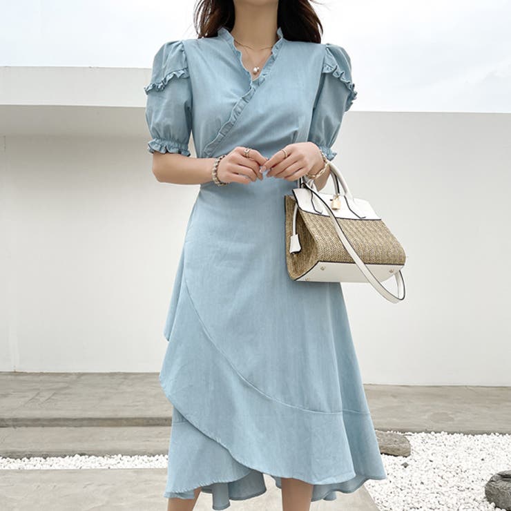 LightBlue | フリルラップデニムカラーワンピース パフスリーブ フレアワンピース | PREMIUM K