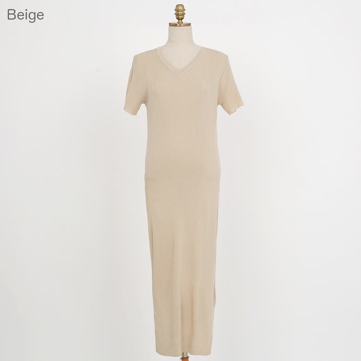 Beige | デイリーVネックニットワンピース ロングワンピース サイドスリット | PREMIUM K