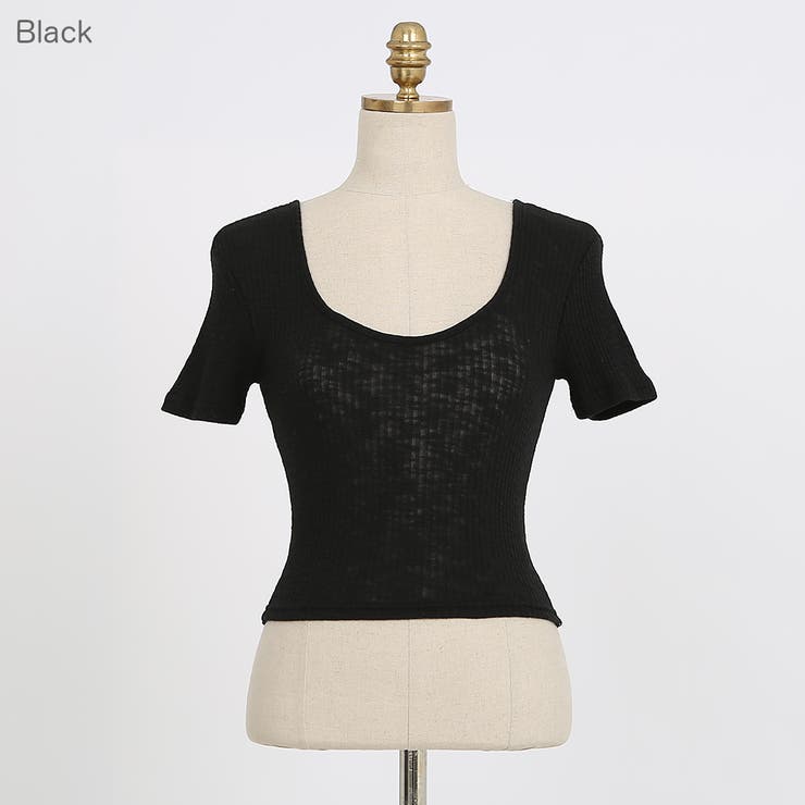 Black | スラブUネッククロップドTシャツ ワイドネック 半袖 | PREMIUM K