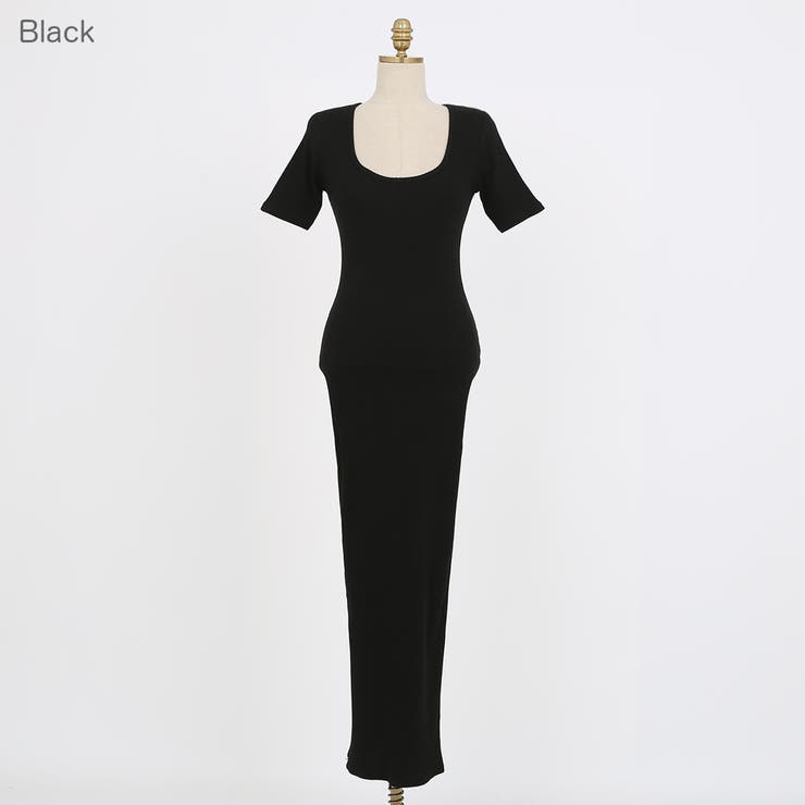 Black | ワイドUネックリブロングワンピース バックスリット ミディ丈 | PREMIUM K