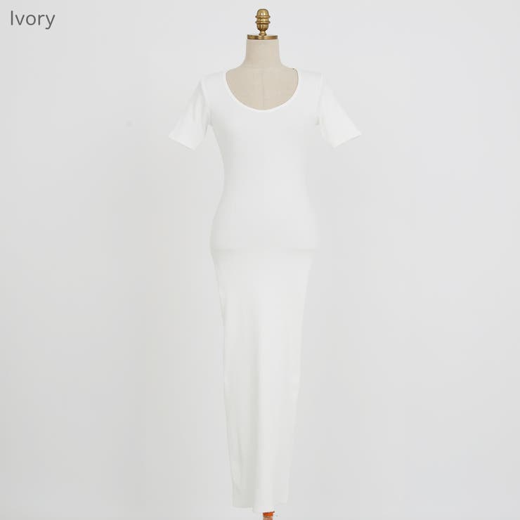 Ivory | ワイドUネックリブロングワンピース バックスリット ミディ丈 | PREMIUM K