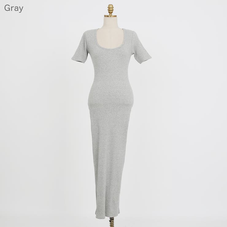 Gray | ワイドUネックリブロングワンピース バックスリット ミディ丈 | PREMIUM K