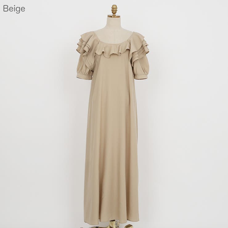 Beige | ラッフルワイドネックワンピース マキシワンピース デコルテ | PREMIUM K