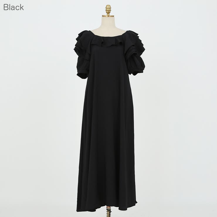 Black | ラッフルワイドネックワンピース マキシワンピース デコルテ | PREMIUM K