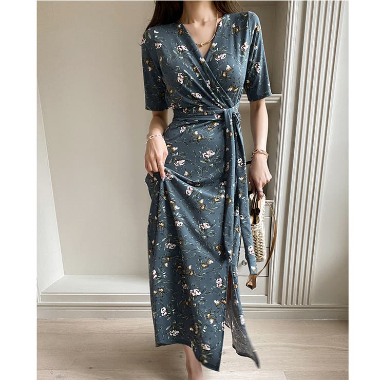 カシュクール ワンピース Vネック スリット ロング 総柄 花柄 全開カシュクールロングワンピース 花柄ワンピース Vネック[品番