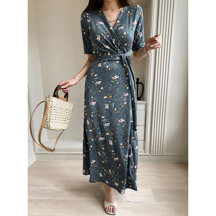 花柄カシュクールワンピース ロングワンピース Vネック[品番