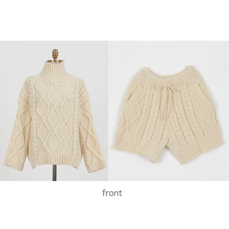 セットアップ ハイネックトップス＋プリーツパンツ ホワイト ニットショートパンツツーピース ハイネック セットアップ[品番