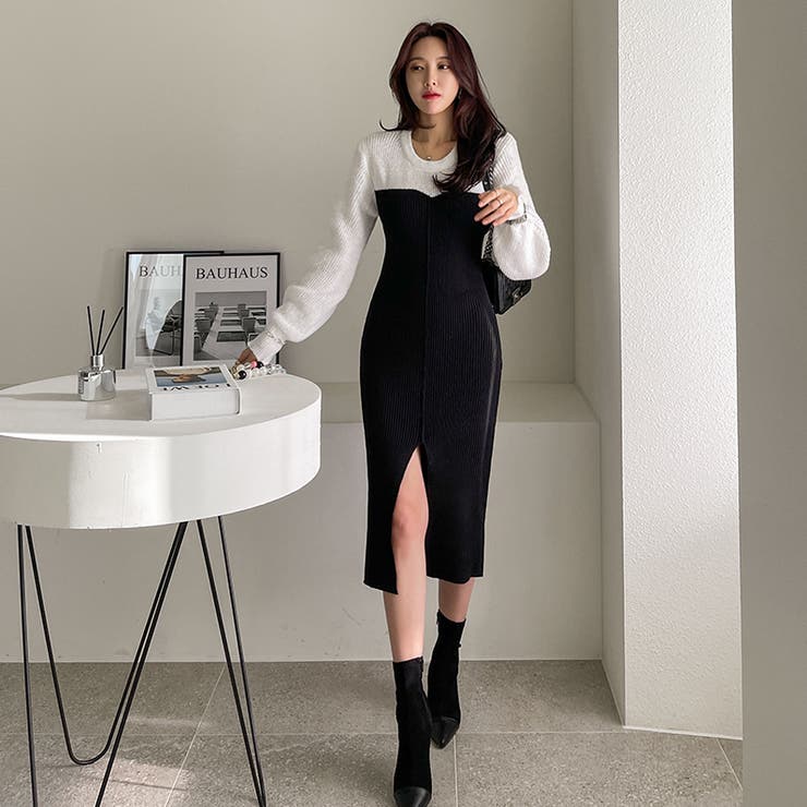 レイヤード風ニットワンピース センタースリット ロング