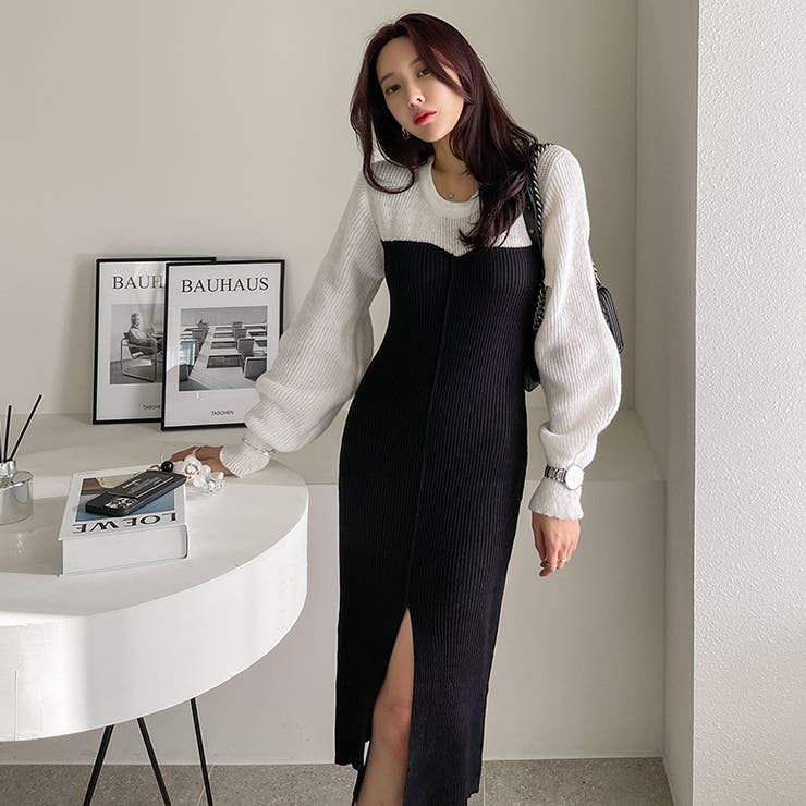 レイヤード風ニットワンピース センタースリット ロング