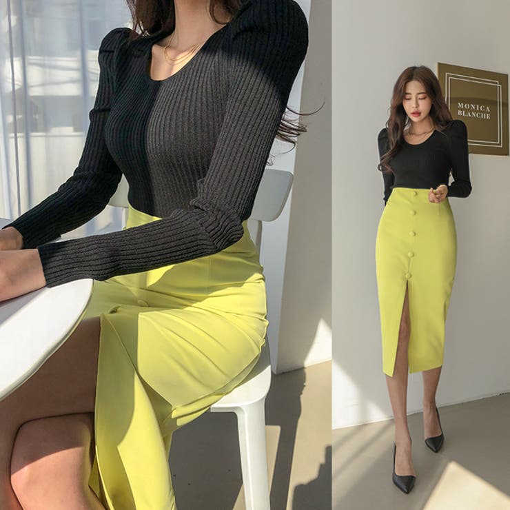 センタースリットスカート ロングスカート ハイウエスト[品番