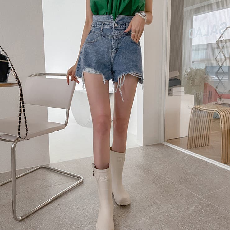 クラッシュデニムショートパンツ ハイライズデニムショートパンツ ハイウエスト クラッシュ