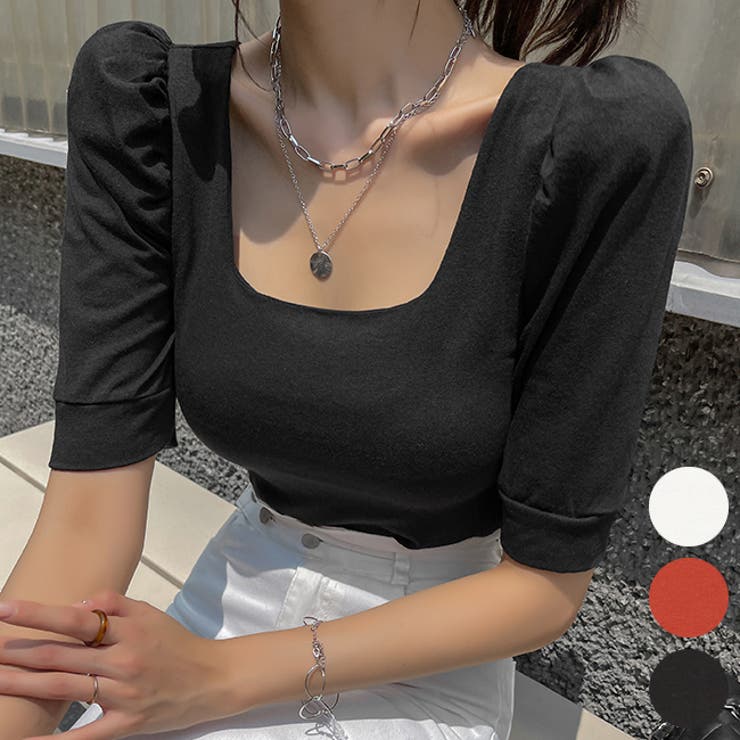 スクエアネックパフスリーブトップス ワイドネック 半袖[品番