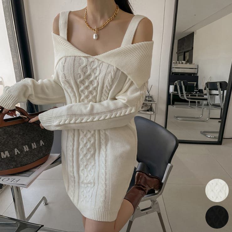Ivory | オフショルダーニットワンピース ミニワンピース 長袖 | PREMIUM K