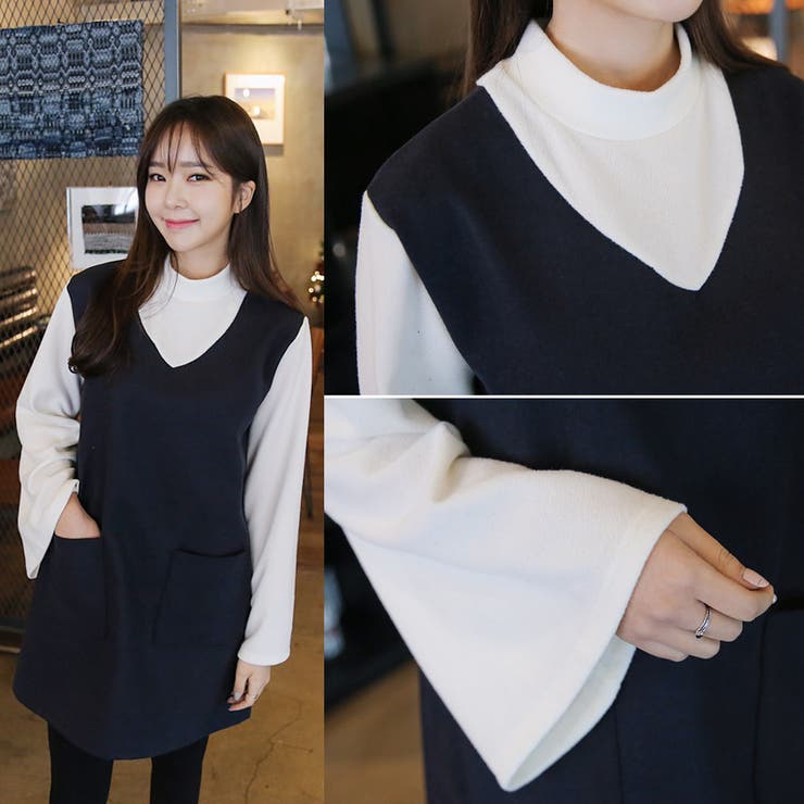 Vネック＆ハイネックワンピース 重ね着風 ポケットフレアスリーブ[品番