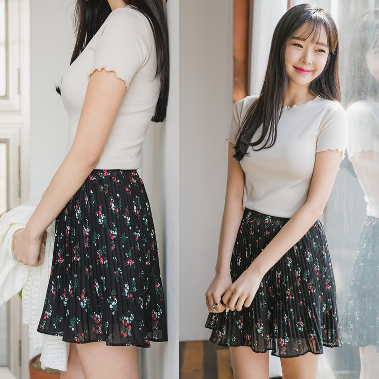 シフォンプリーツミニスカート 花柄 フラワーパターン[品番