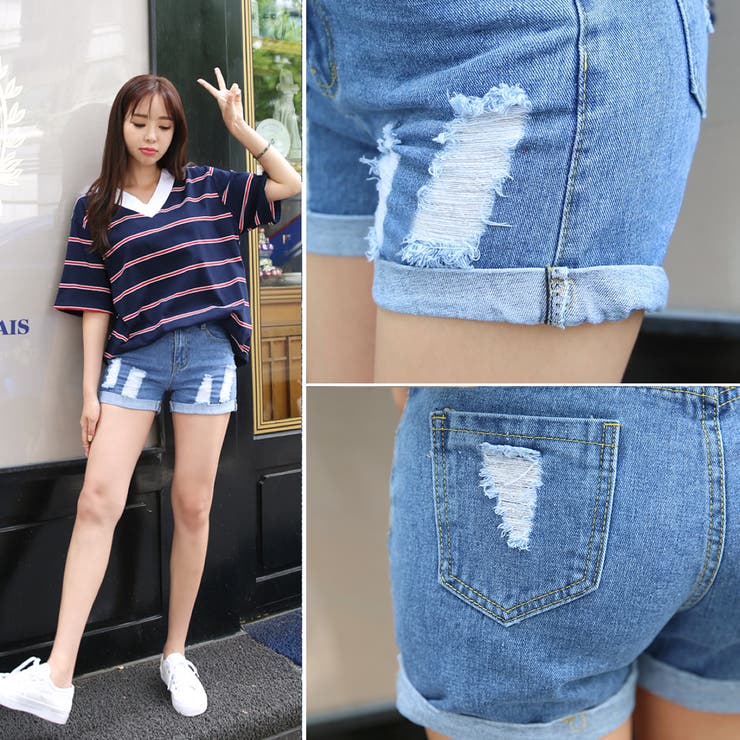 ロールアップディープデニムパンツ ショートパンツ 短パン[品番