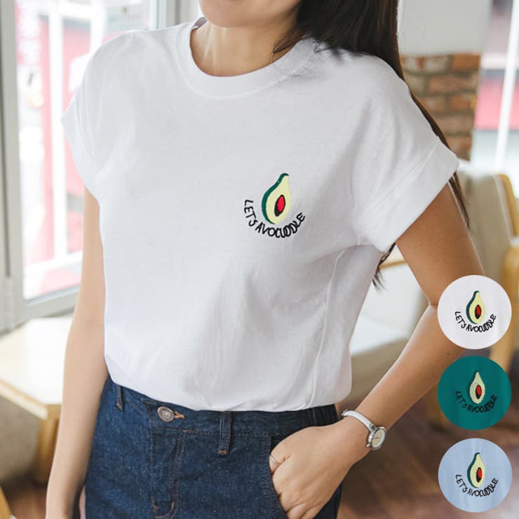 アボカド刺繍Tシャツ 半袖 ロールアップ[品番：AD000008244]｜PREMIUM