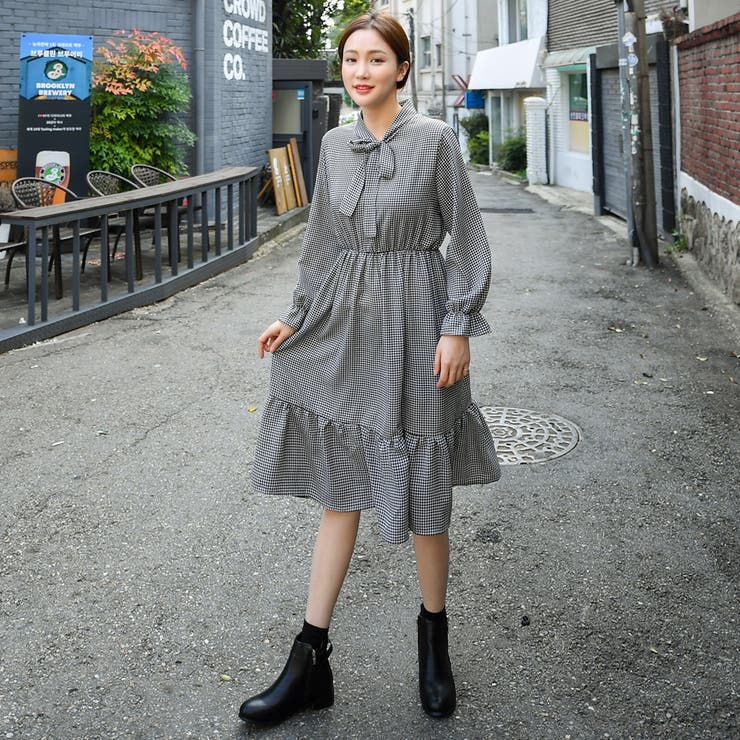 りぼんタイチェックワンピース フレア ウエストマーク[品番