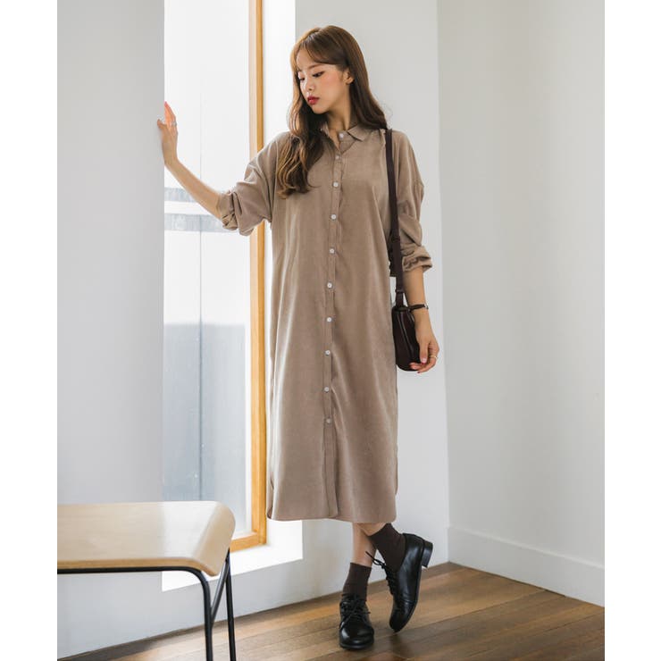 3WAYボタンロングシャツワンピース フロントボタン ウエスト