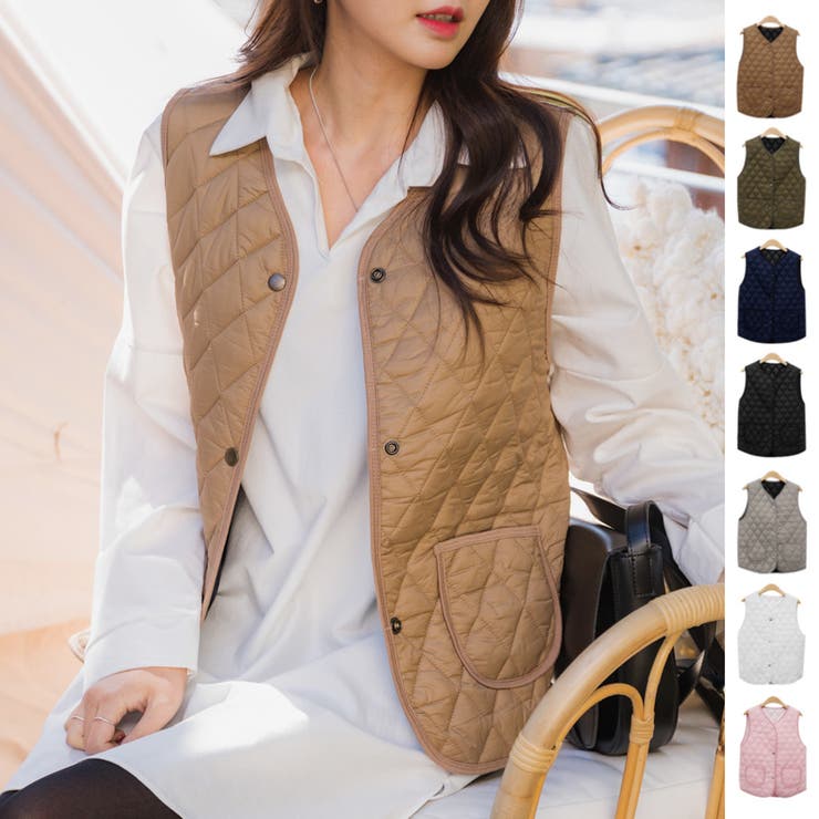 ダイヤステッチキルティングベスト ノーカラー 丸ポケット[品番