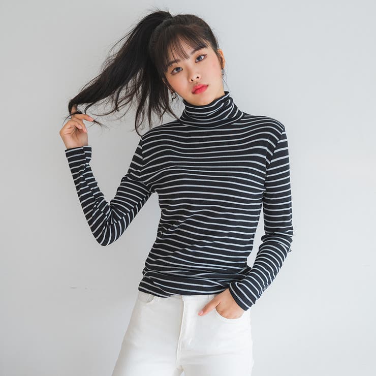 グリーン クラブ ストライプ ハイネック 長袖シャツ