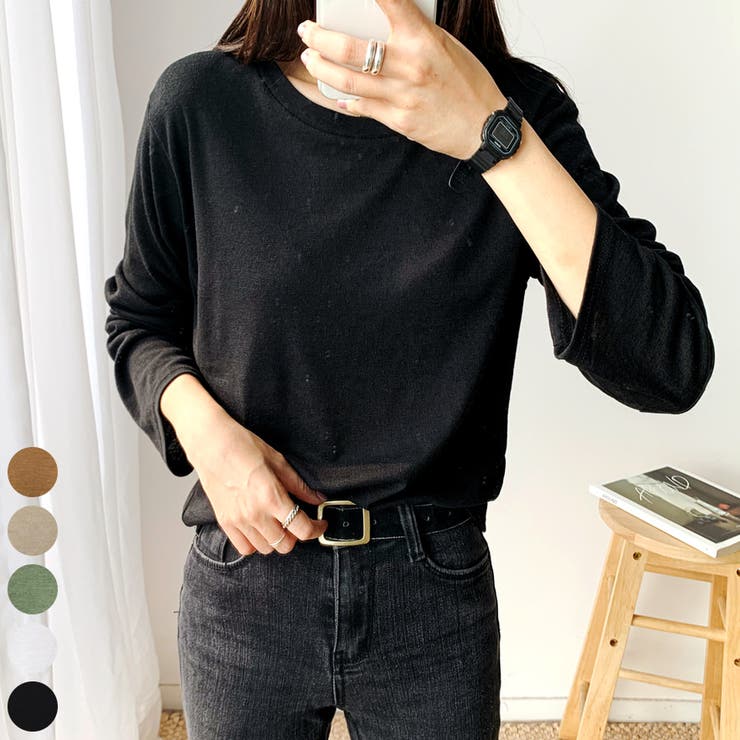 Black | リネンミックスロングTシャツ 長袖 ドロップショルダー | PREMIUM K