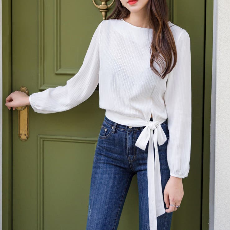 ほんのりストライプのリボンブラウス アシメ ウエストマーク | PREMIUM K | 詳細画像5 