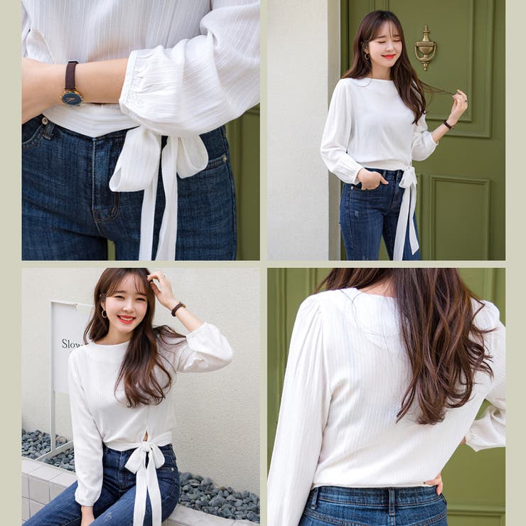 ほんのりストライプのリボンブラウス アシメ ウエストマーク | PREMIUM K | 詳細画像7 