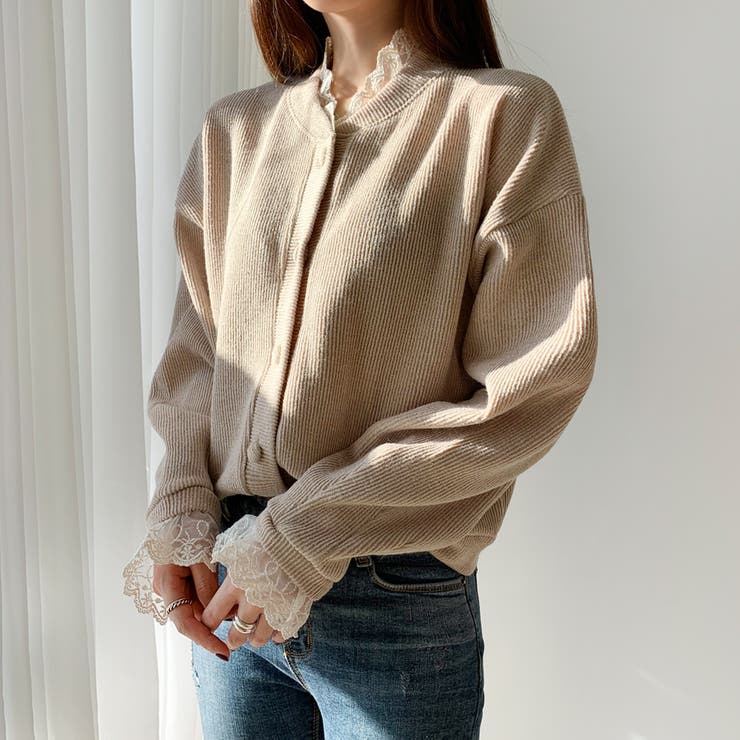 レースハイネックカーディガン 重ね着風 異素材ミックス[品番