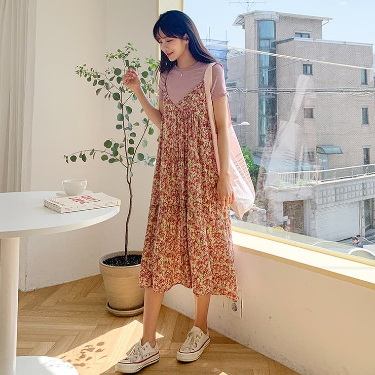 花柄 キャミソールワンピース ミディドレス フリル ローズピンク ミディフラワーワンピース 花柄 キャミソールワンピース[品番