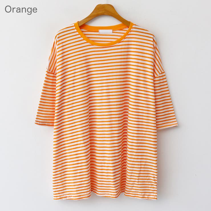 Orange | オーバーサイズカラーボーダーTシャツ 半袖 ドロップショルダー | PREMIUM K