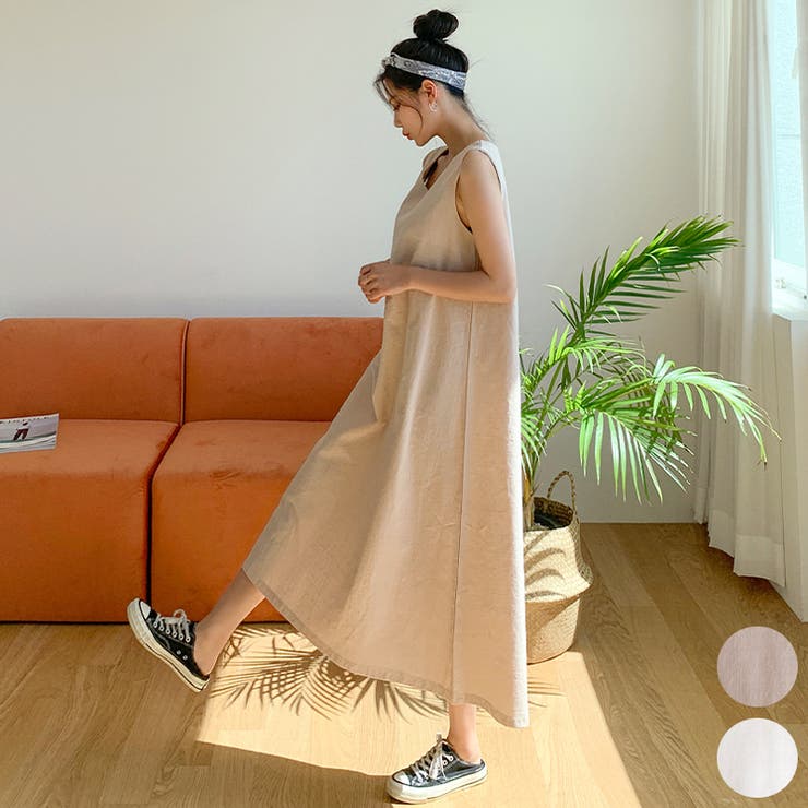 Beige | ゆったりAラインのマキシワンピース ノースリーブ タンクトップ | PREMIUM K