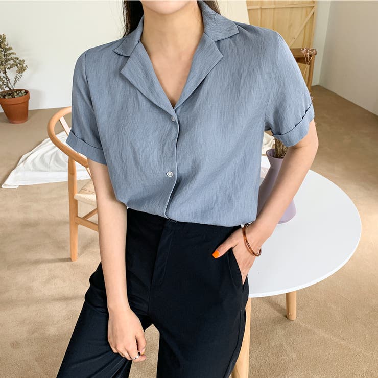 レーヨンミックスオープンカラーブラウス 開襟シャツ 半袖[品番