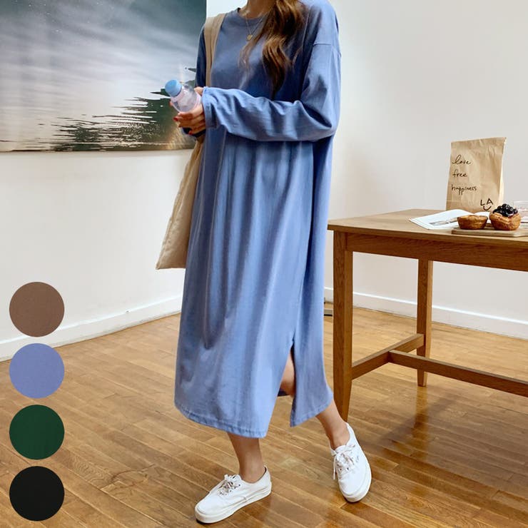 Blue | オーバーサイズコットンワンピース 長袖 ドロップショルダー | PREMIUM K