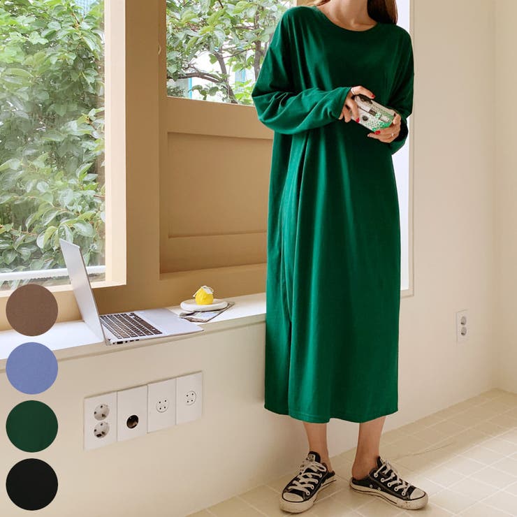 Green | オーバーサイズコットンワンピース 長袖 ドロップショルダー | PREMIUM K