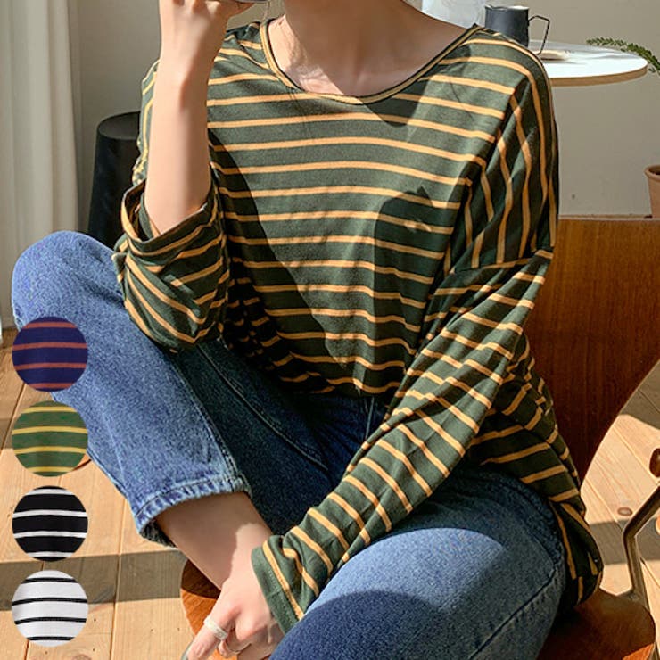 Khaki | やわらかゆる感ボーダーTシャツ ロングTシャツ ロンT | PREMIUM K
