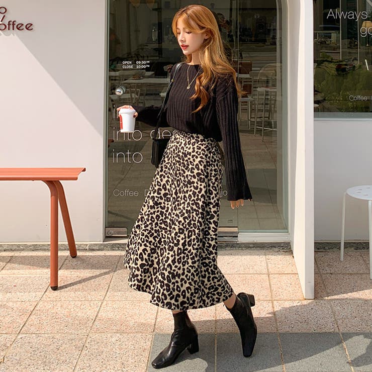 フレアレオパードスカート ロングスカート ミディ丈[品番