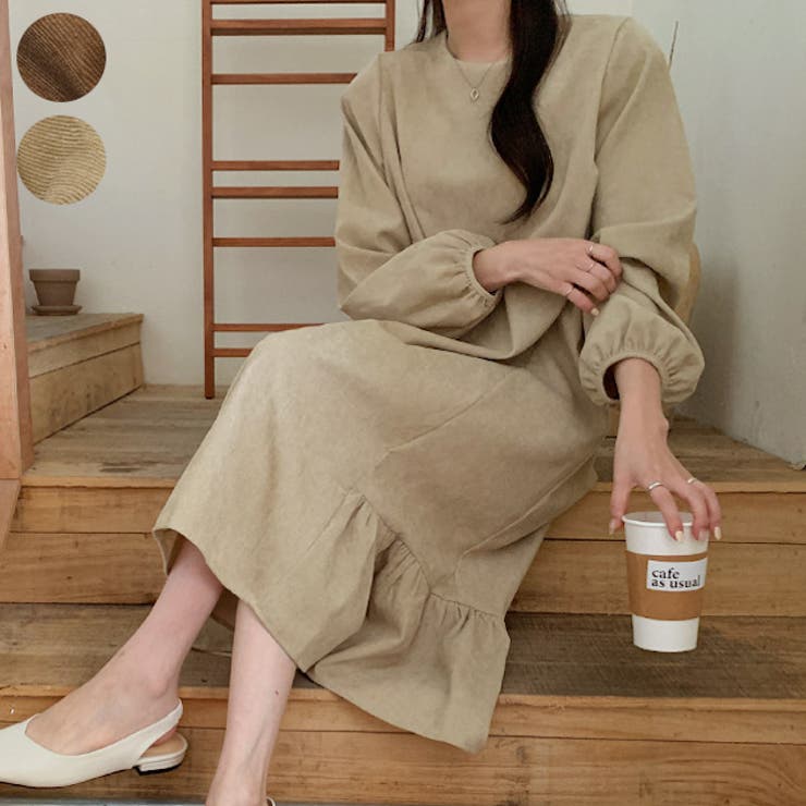 Beige | 後ろさがりのコーデュロイワンピース ロングワンピース ミディ丈 | PREMIUM K