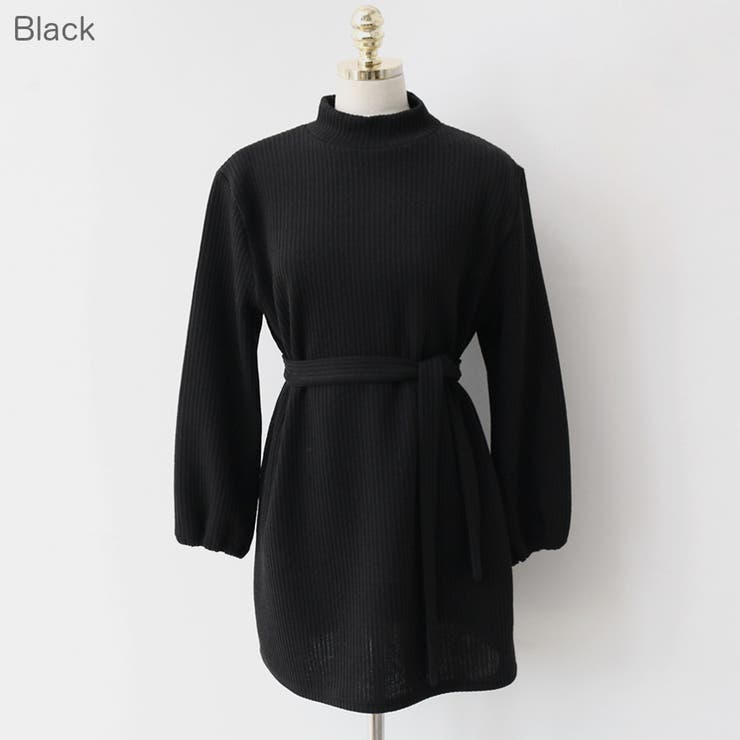 Black | モックネックリブワンピース 2WAY パフスリーブ | PREMIUM K